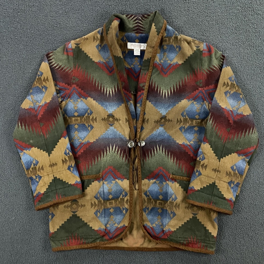 Aztec Print Jacket Womens Medium Shawl Collar Southwestern Chore Barn‎ Coat